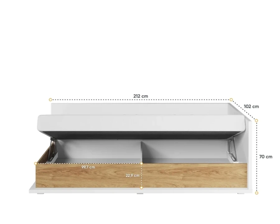 Maße für weißes Jugendbett mit Stauraum und Holzoptik-Bettkasten.