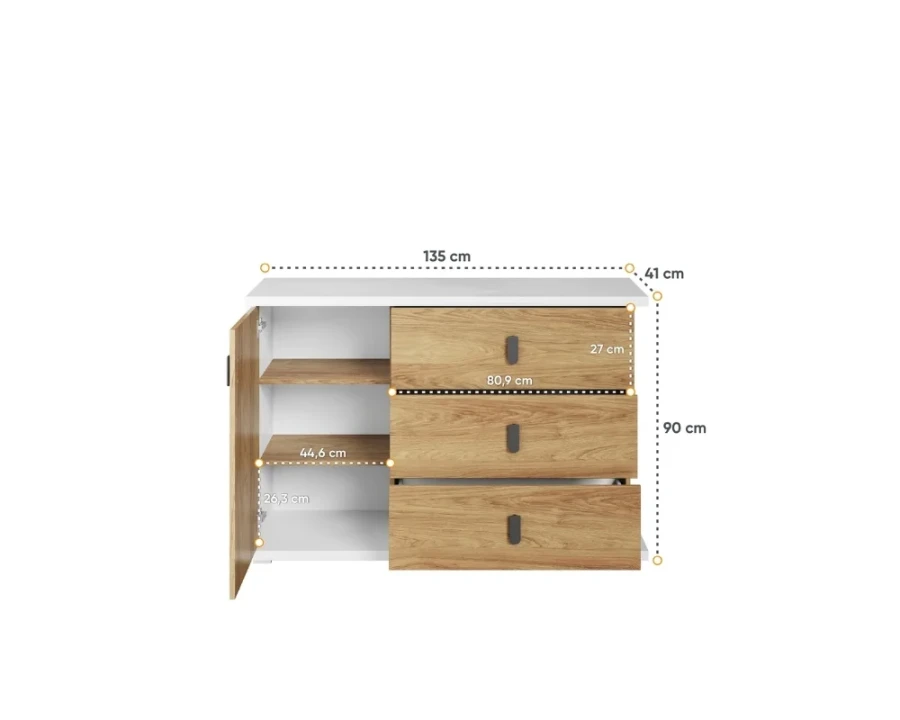 Modernes Sideboard in Eiche und Weiß mit Maßen 135x90x41 cm, drei Schubladen und einer Tür.