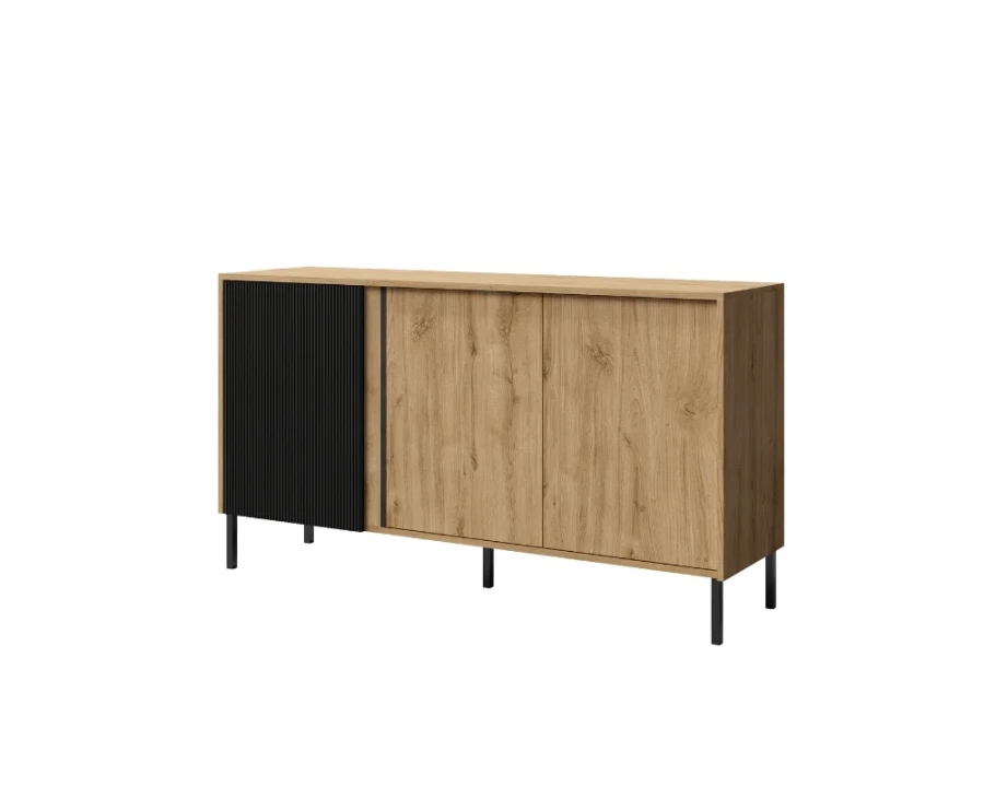 Modernes Sideboard in Eiche-Optik mit schwarzer Lamellentür und schwarzen Metallfüßen.