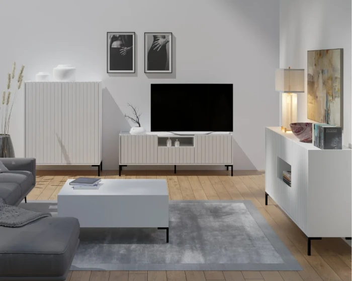 Bright living room interior with white lowboard, sideboard and coffee table.