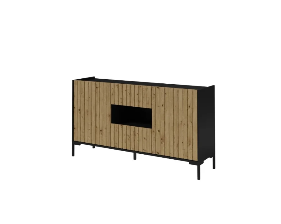 Sideboard in Schwarz mit Fronten in Eichenoptik und Lamellen-Design sowie offenem Fach.