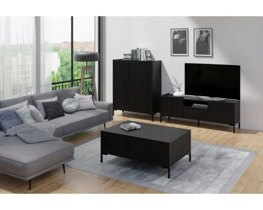 Minimalistisches Wohnzimmer-Möbelset in komplett Schwarz mit strukturierter Lamellen-Front.