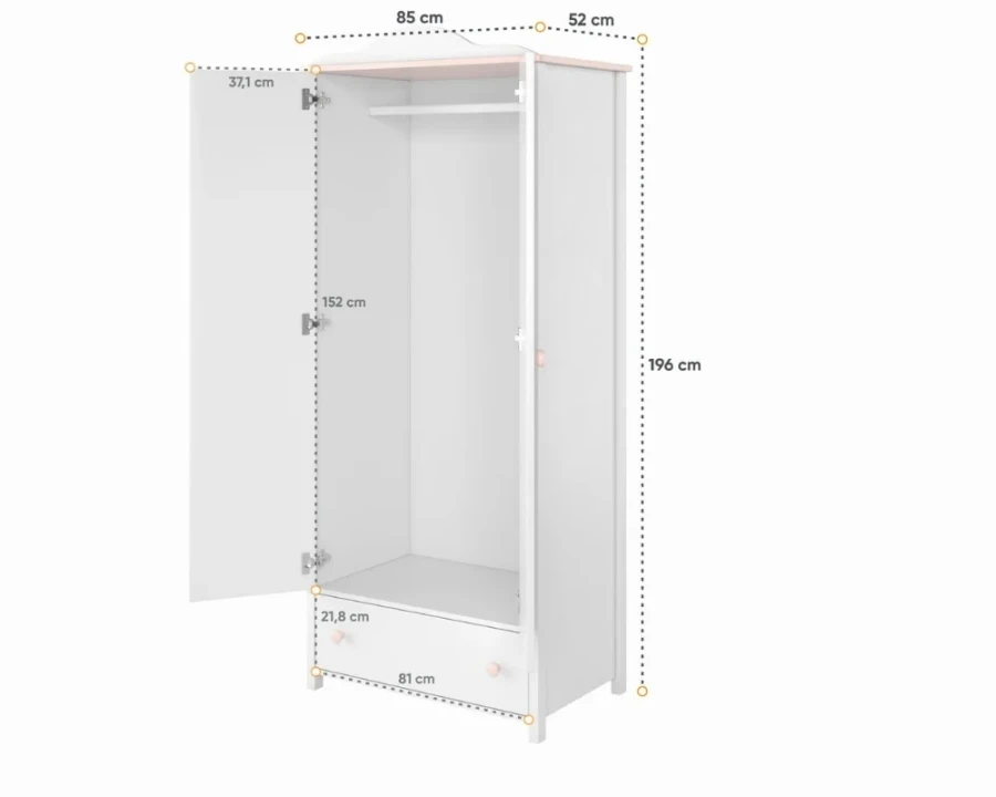 Maßangaben für den Kinderkleiderschrank: 196 cm Höhe, 85 cm Breite und 52 cm Tiefe.
