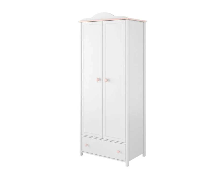 Zweitüriger weißer Kleiderschrank für Kinder mit rosa Akzenten und einer großen Schublade.