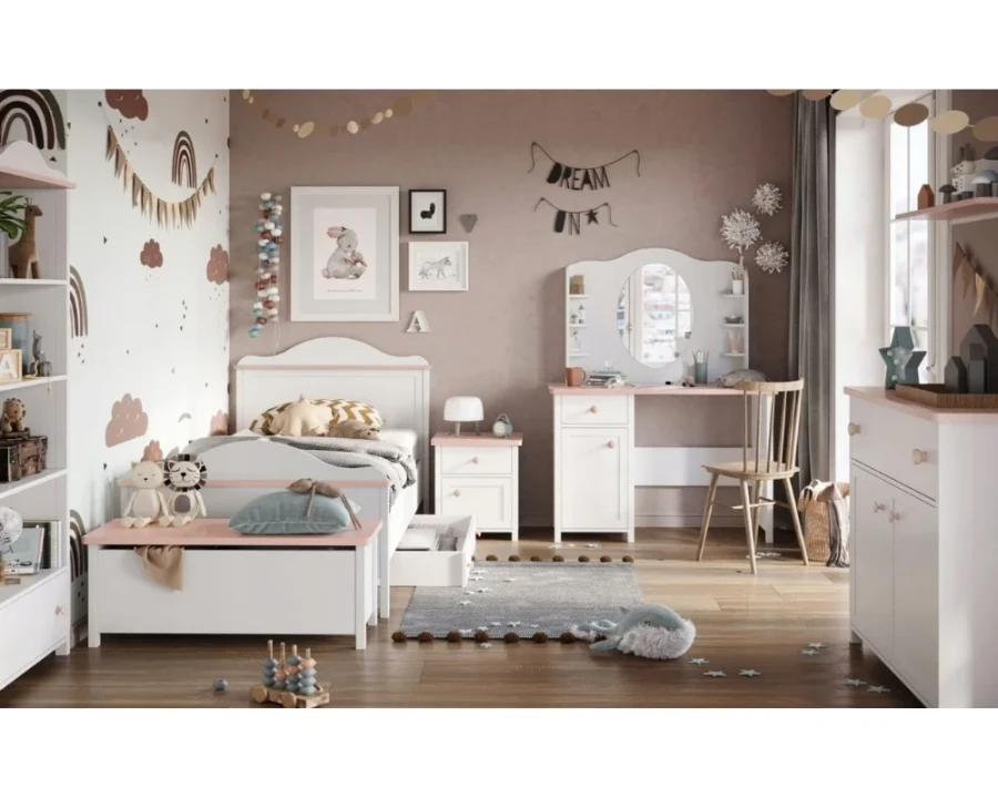 Komplettes Kinderzimmer-Set in Weiß und Rosa mit Bett, Schreibtisch, Regal und Kommode für Mädchen.