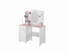 Mädchen-Schreibtisch in Weiß und Rosa mit ovalem Spiegel, Schublade und kleinen Regalfächern.
