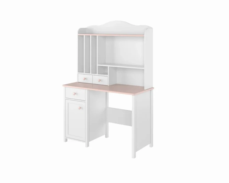 Weißer Kinderschreibtisch mit rosa Tischplatte und praktischem Regalaufsatz für das Kinderzimmer.
