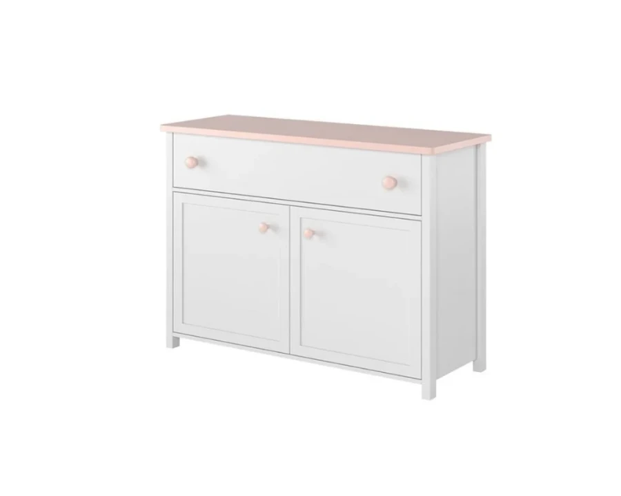 Elegante Kinderzimmer Kommode in Weiß mit rosa Deckplatte und runden Griffen.