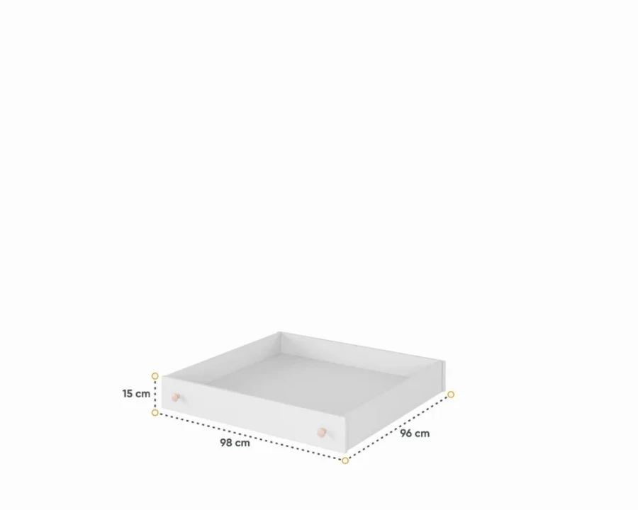 Abmessungen der weißen Schublade für Stauraum unter dem Bett