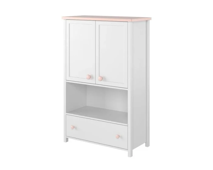 Weißer Kinderschrank mit rosa Griffen und offenem Fach.