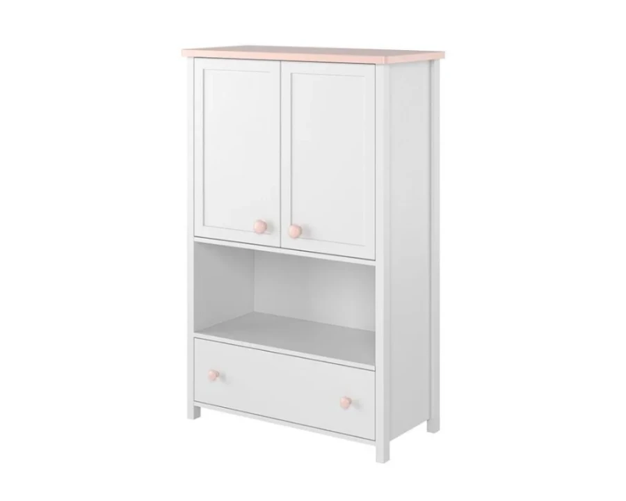 Moderner Kinder-Kleiderschrank in Weiß mit rosa Deckplatte und Knöpfen