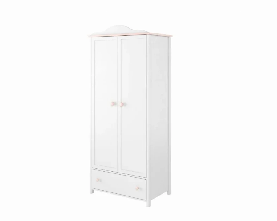 Weißer zweitüriger Kinderkleiderschrank mit rosa Knöpfen und Schublade.
