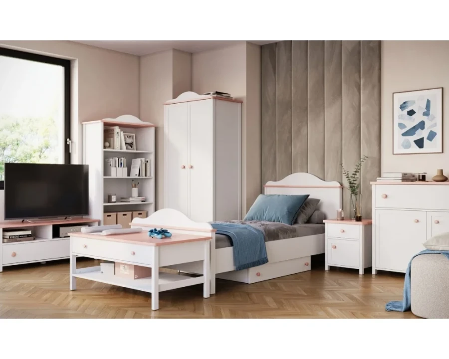 Komplettes Kinderzimmer-Set mit Bett, Schrank und TV-Board in Weiß-Rosa.