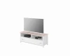 Weißes TV-Lowboard für das Kinderzimmer mit rosa Deckplatte und TV.