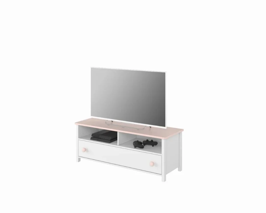 Weißes TV-Lowboard für das Kinderzimmer mit rosa Deckplatte und TV.