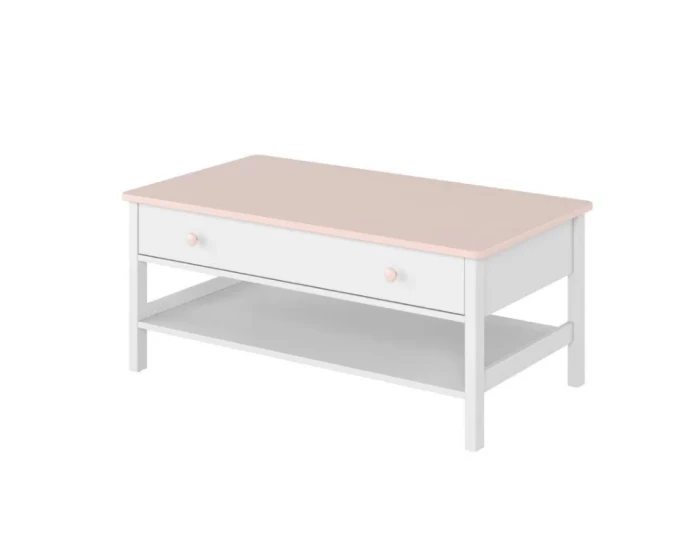 Weißer Couchtisch mit rosa Tischplatte, einer Schublade und offenem Ablagefach.