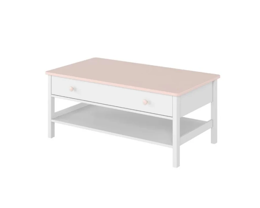 Weißer Couchtisch für das Kinderzimmer mit rosa Tischplatte, einer Schublade und offenem Ablagefach.