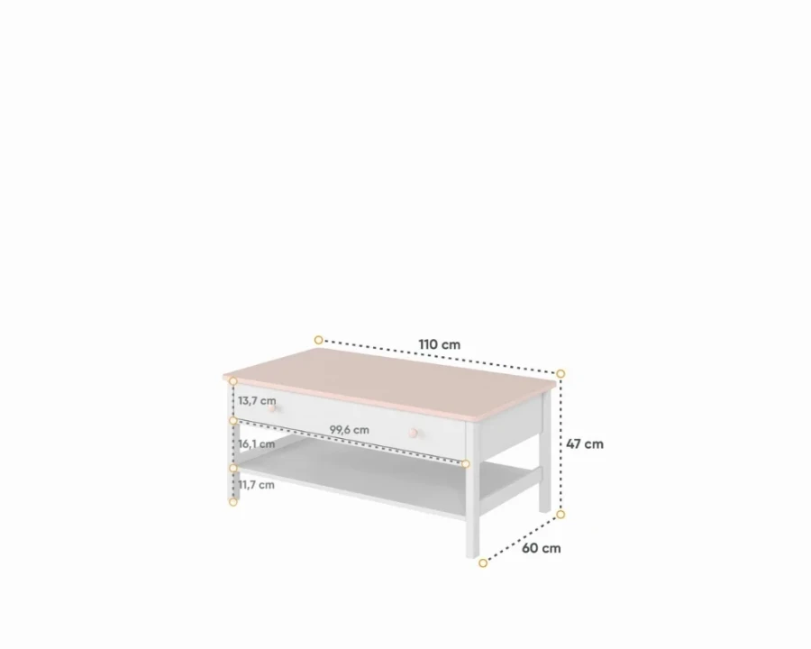 Detaillierte Maßangaben für den weißen Kinderzimmer-Couchtisch mit rosa Elementen: 110x47x60 cm.