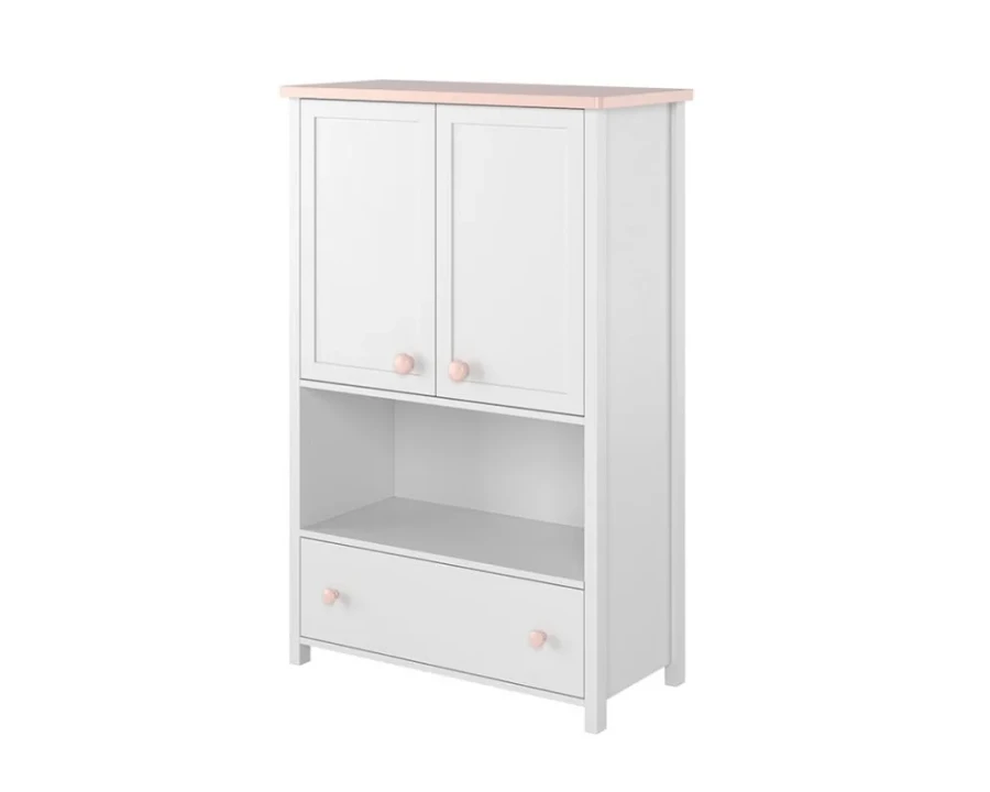 Kinderzimmer-Kommode in Weiß und Rosa mit zwei Schranktüren, Ablagefach und einer Schublade.