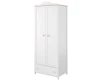 Eleganter weißer zweitüriger Kleiderschrank mit rosa Details und einer geräumigen Schublade unten.