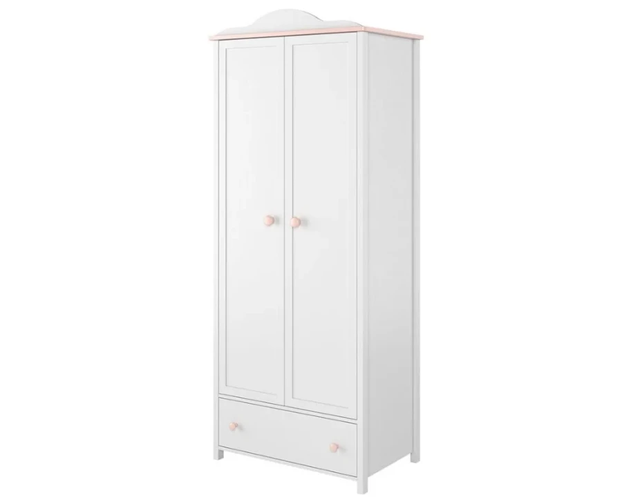 Eleganter weißer zweitüriger Kleiderschrank mit rosa Details und einer geräumigen Schublade unten.