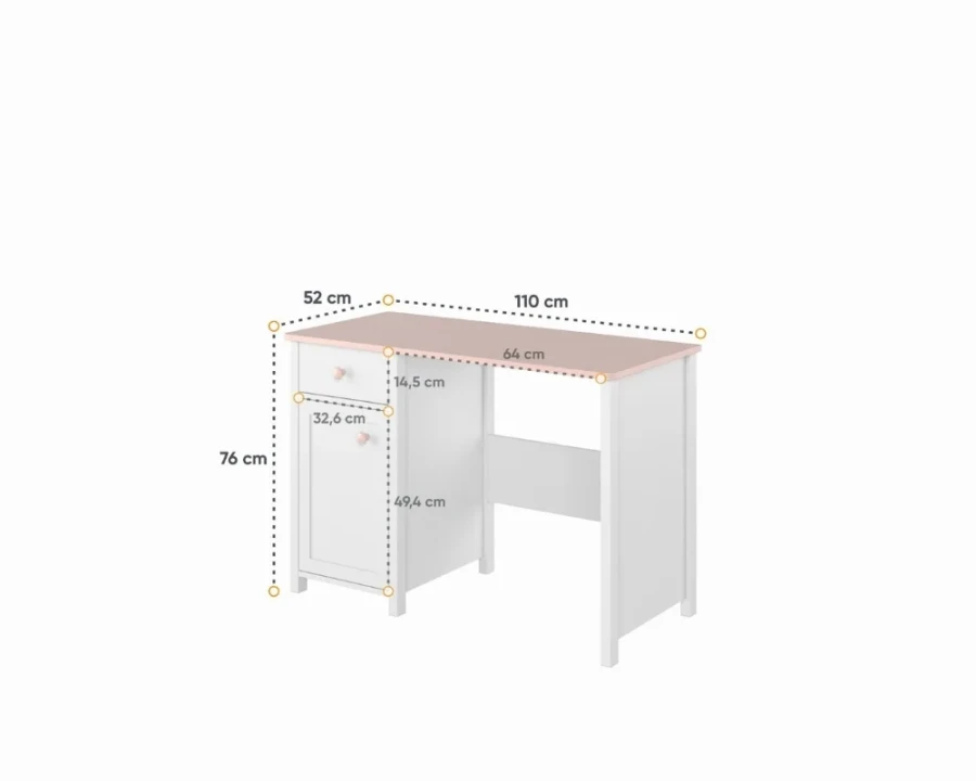Abmessungen des weißen Kinderschreibtischs: 110 cm Breite, 76 cm Höhe.