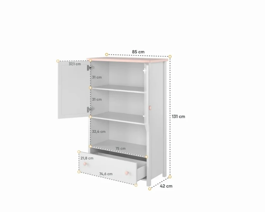 Weißer Kinderschrank mit Regalfächern und Schublade inklusive Maßen.