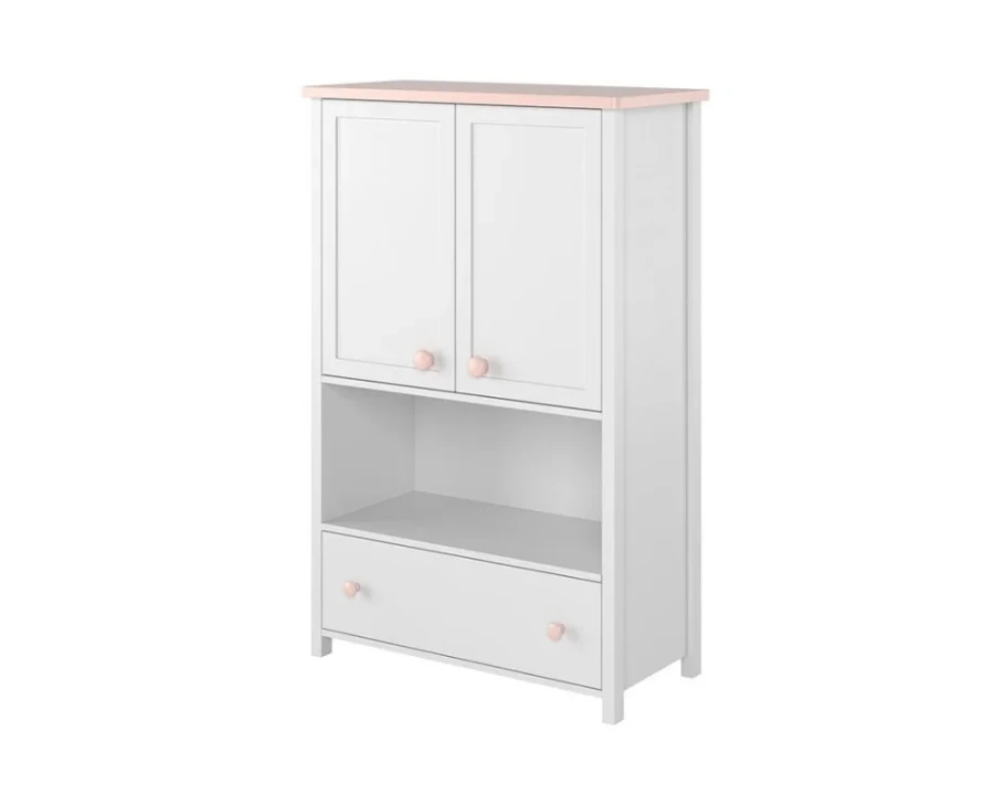 Weißer Kinderschrank mit rosa Akzenten, zwei Türen und einer Schublade.