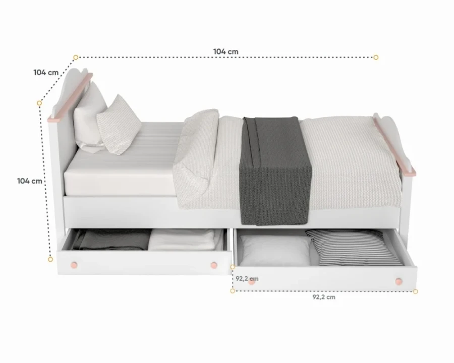 Weißes Funktionsbett mit rosa Akzenten, zwei Schubladen und Maßangaben.