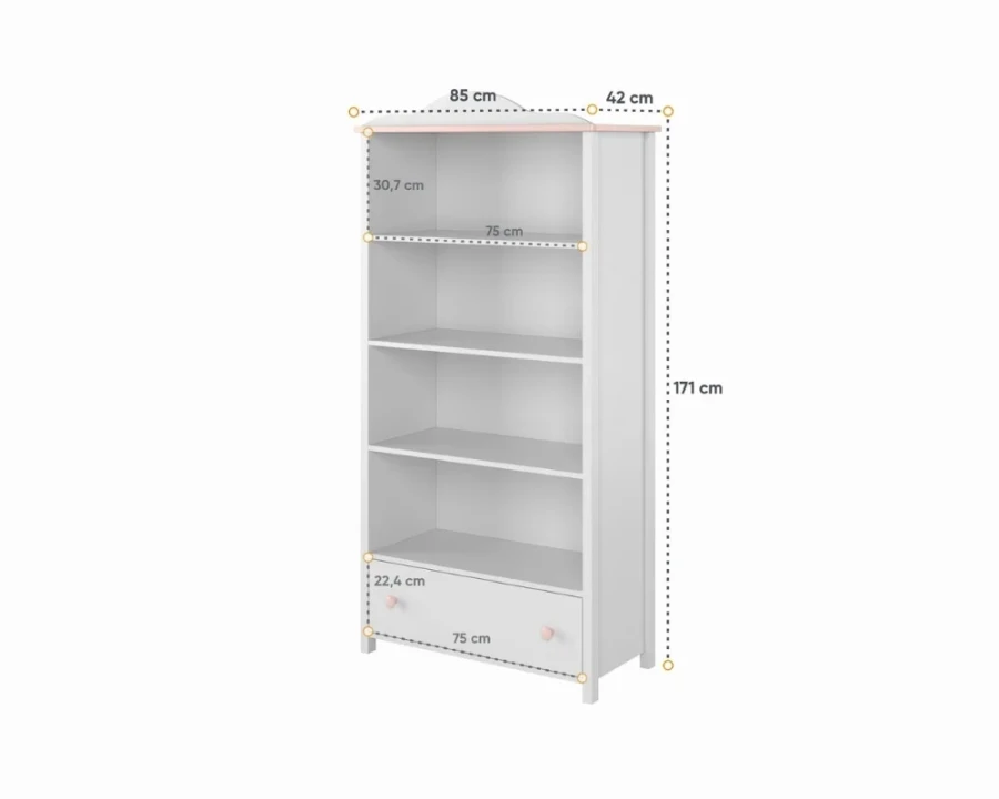 Maße für hohes weißes Kinderzimmer-Regal mit Schublade: 171 cm Höhe und 85 cm Breite.