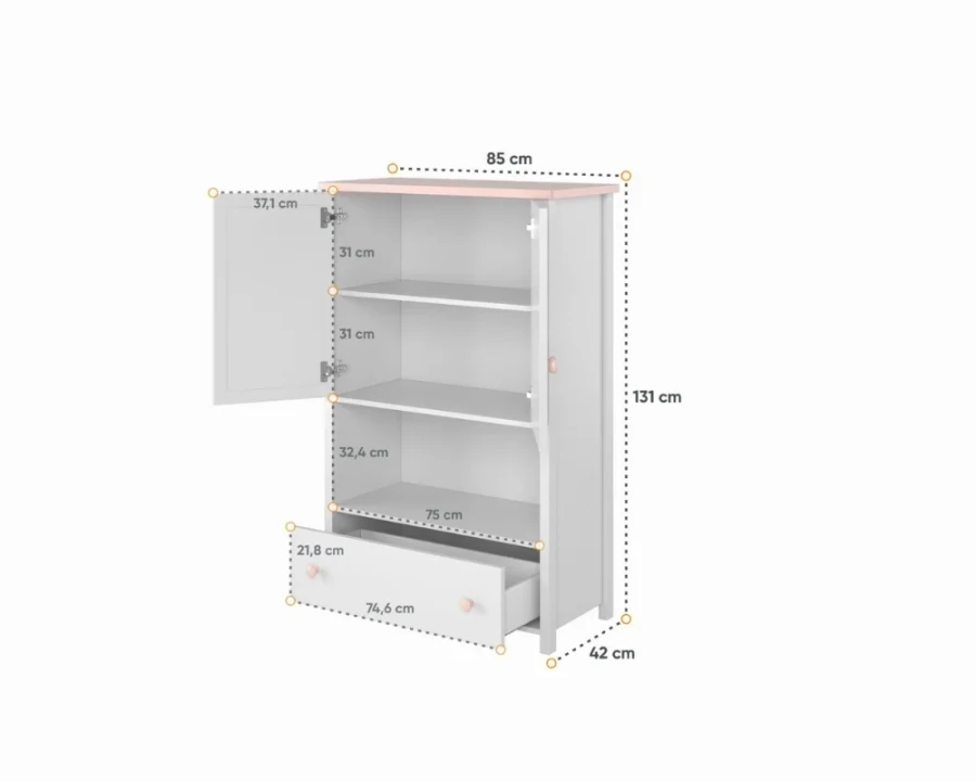 Maße des weißen Kinderzimmerschranks mit Einlegeböden und Schublade: 131 cm x 85 cm.