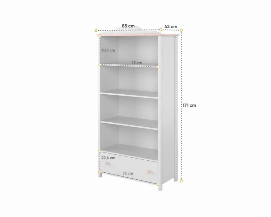 Weißes Bücherregal mit rosa Details und Maßen für das Kinderzimmer.