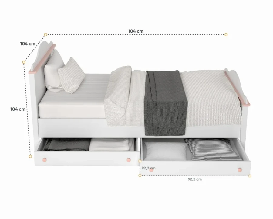 Weißes Funktionsbett mit zwei Bettschubladen und rosa Griffen.
