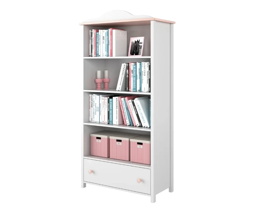 Weißes Kinderregal mit rosa Akzenten, Bücherregal mit Schublade für das Kinderzimmer.