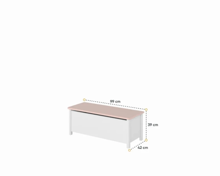Weiße Spielzeugtruhe mit rosa Deckel, Aufbewahrungsbox für Kinderzimmer, Maße 99x39 cm.