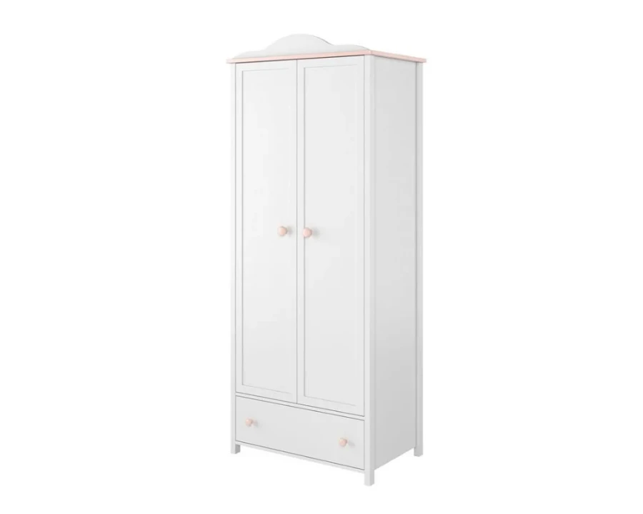 Zweitüriger Kinderkleiderschrank in Weiß mit rosa Akzenten und Schublade.