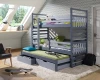 Graues Dreier-Etagenbett mit Ausziehbett und Schubladen fürs Kinderzimmer.