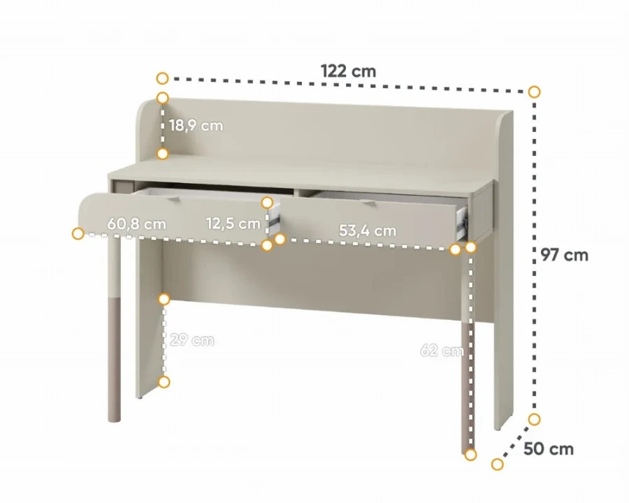 Beiger Schreibtisch mit Schubladen und Maßangaben für das Kinderzimmer.