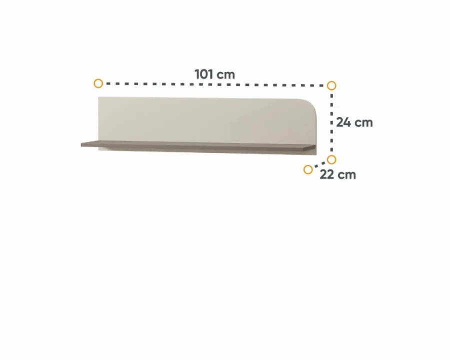 Schlichtes beige Wandregal mit Maßen für zusätzliche Aufbewahrung im Kinderzimmer.