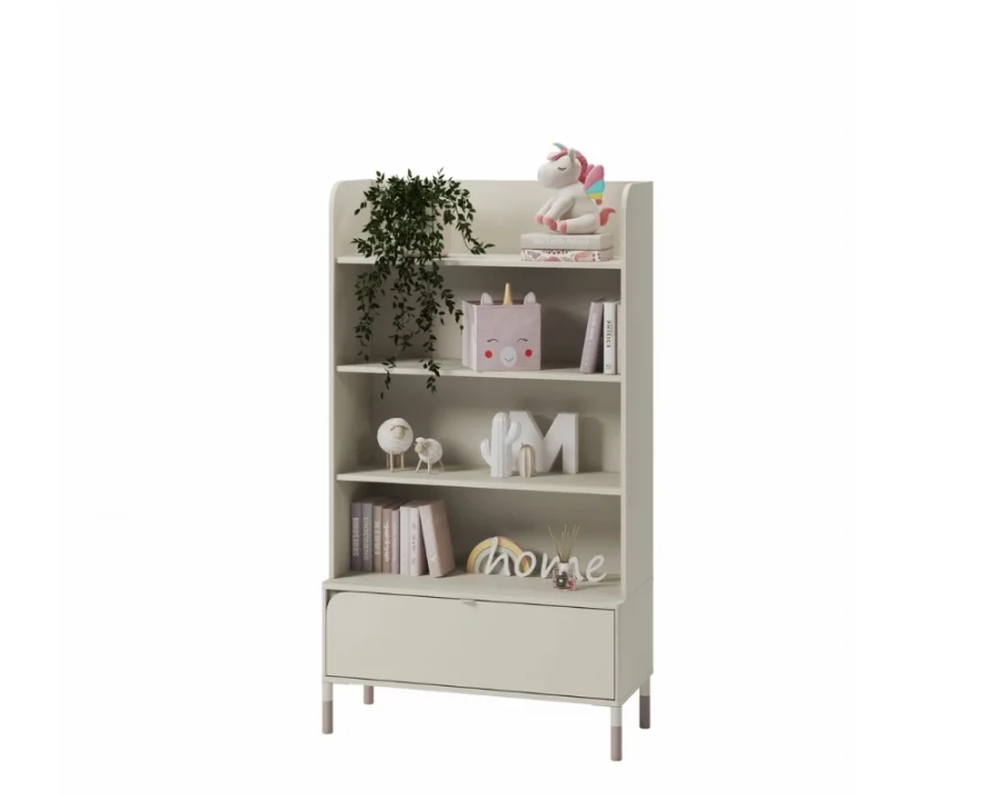 Beiges Standregal für das Kinderzimmer mit offenen Fächern und Schublade.