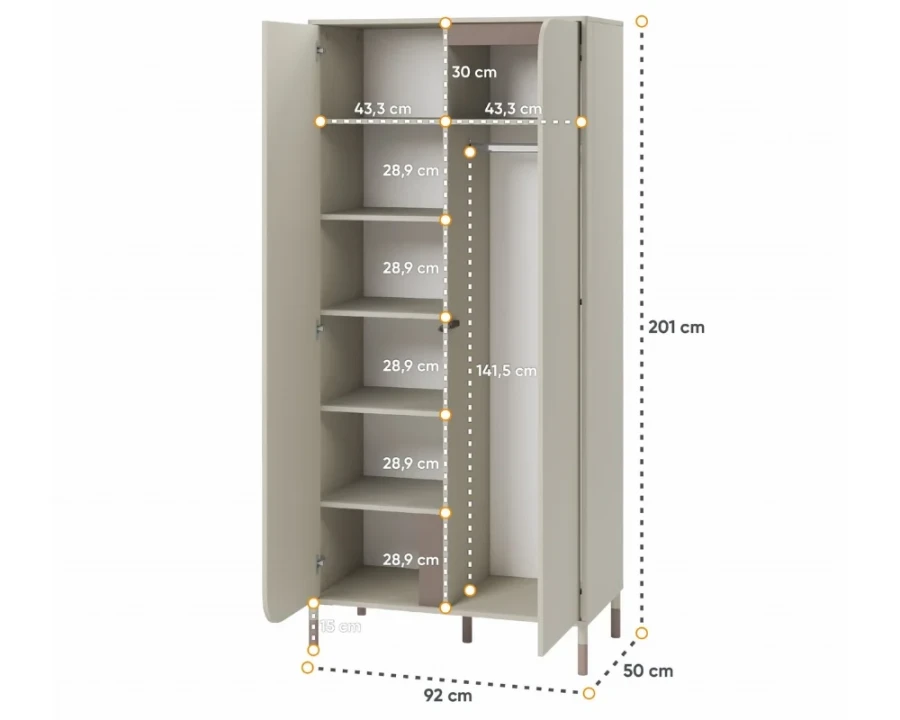 Maße für den Kinderkleiderschrank: 201 cm Höhe, 92 cm Breite und 50 cm Tiefe.