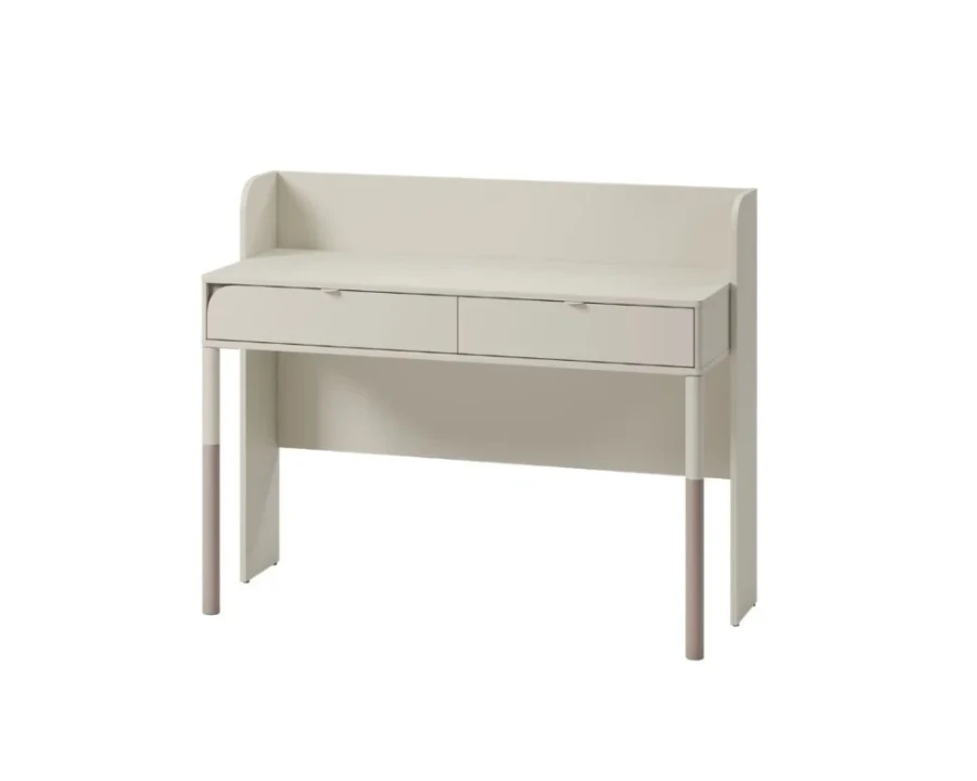Moderner Kinderschreibtisch in Beige mit zwei Schubladen.