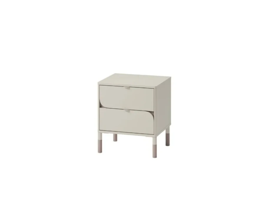 Beige Nachtkonsole mit zwei Schubladen für Kinderzimmer.