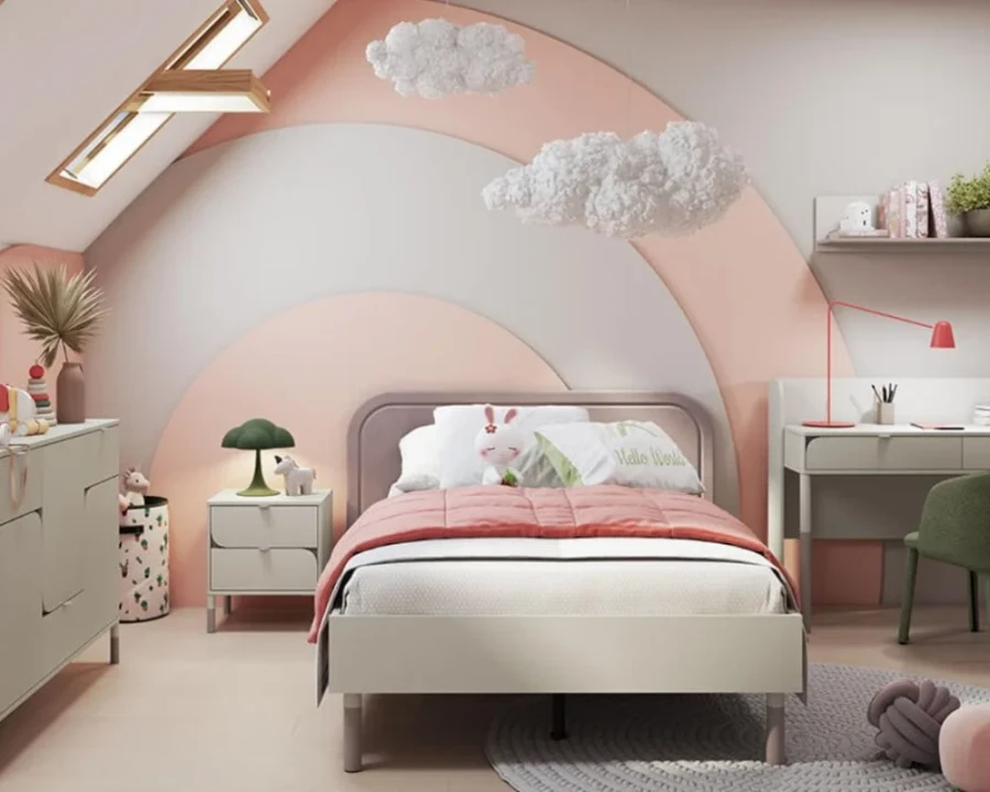 Kinderzimmer Einrichtungsidee in Rosa und Beige mit modernen Möbeln.
