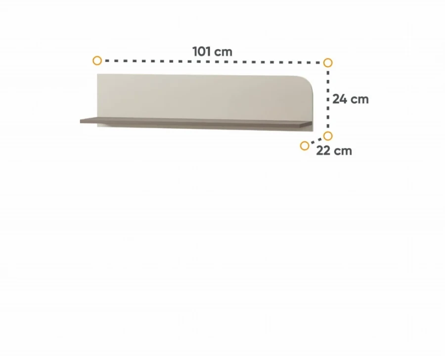 Maße für ein zweifarbiges Wandregal: 101 cm Breite und 24 cm Höhe.