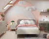 Gemütliches Kinderzimmer in Rosa und Weiß mit modernem Bett und Wolkenlampen.