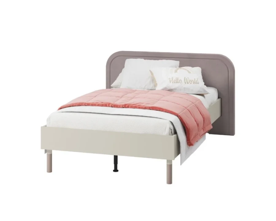Modernes Einzelbett mit mauvefarbenem Kopfteil und rosa Bettwäsche.