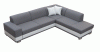 Modernes graues Ecksofa mit weißen Kunstleder-Details und zwei Zierkissen.