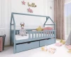 Blaues Hausbett für Kinder mit integrierten Bettschubladen und Rausfallschutz.