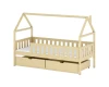Kinder-Hausbett aus Naturholz mit praktischen Bettschubladen und Rausfallschutz.